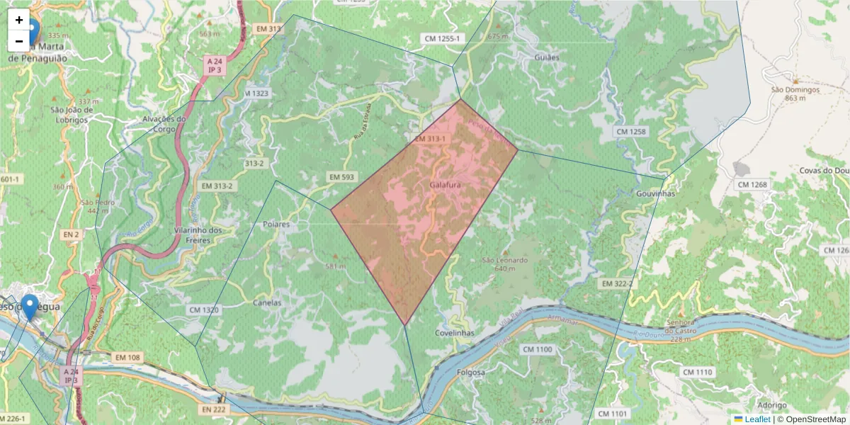 Mapa detalhado do código postal 5050-042 com limites, códigos postais vizinhos e agências dos correios