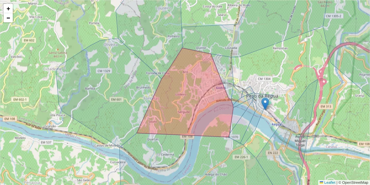 Mapa detalhado do código postal 5050-071 com limites, códigos postais vizinhos e agências dos correios