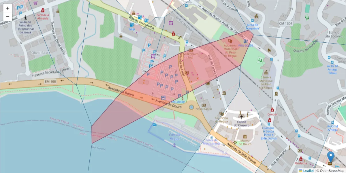 Mapa detalhado do código postal 5050-223 com limites, códigos postais vizinhos e agências dos correios