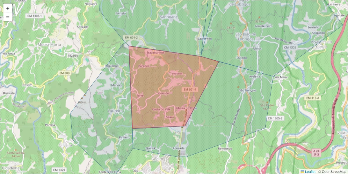 Mapa detalhado do código postal 5050-262 com limites, códigos postais vizinhos e agências dos correios