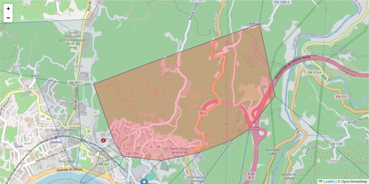 Mapa detalhado do código postal 5050-275 com limites, códigos postais vizinhos e agências dos correios