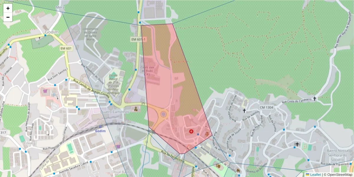 Mapa detalhado do código postal 5050-292 com limites, códigos postais vizinhos e agências dos correios