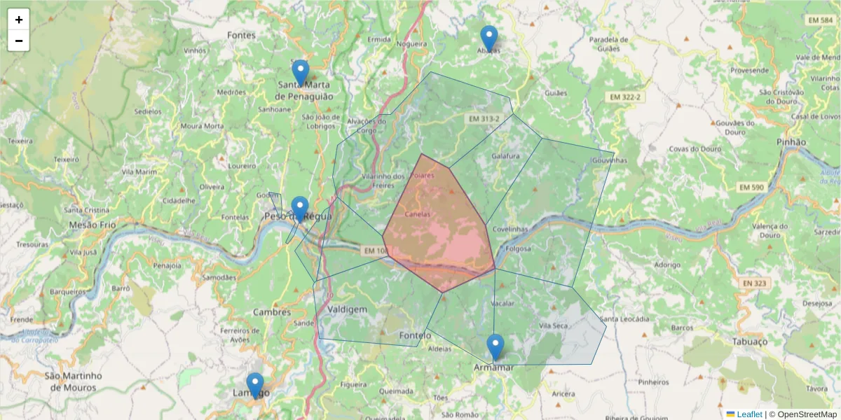 Mapa detalhado do código postal 5050-434 com limites, códigos postais vizinhos e agências dos correios