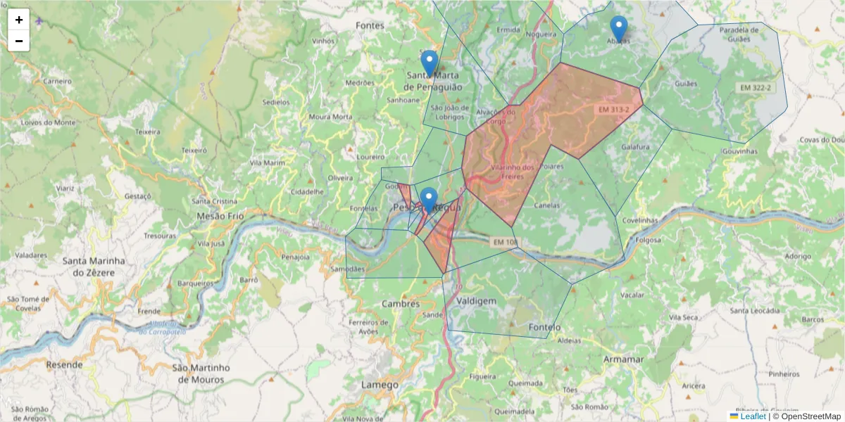 Mapa detalhado do código postal 5050 com limites, códigos postais vizinhos e agências dos correios
