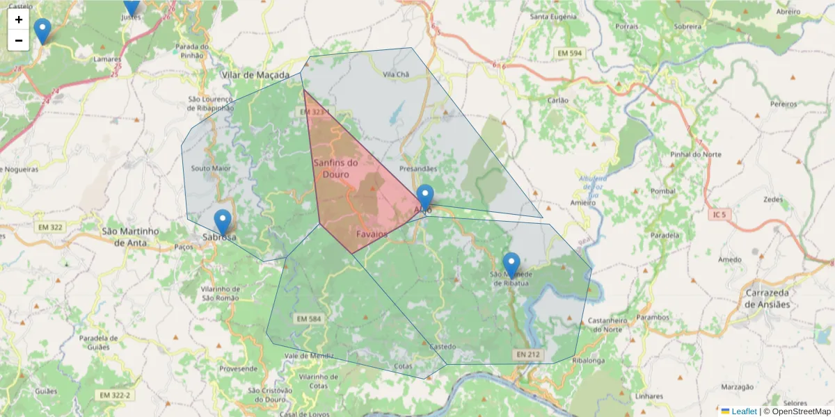 Mapa detalhado do código postal 5070-013 com limites, códigos postais vizinhos e agências dos correios