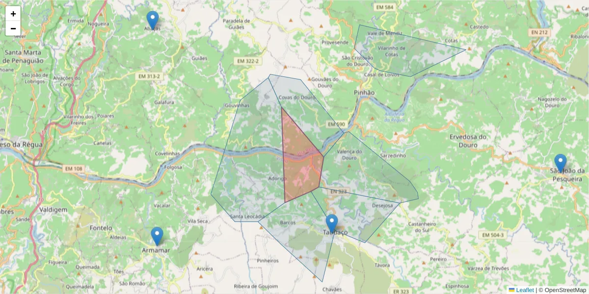 Mapa detalhado do código postal 5085-222 com limites, códigos postais vizinhos e agências dos correios