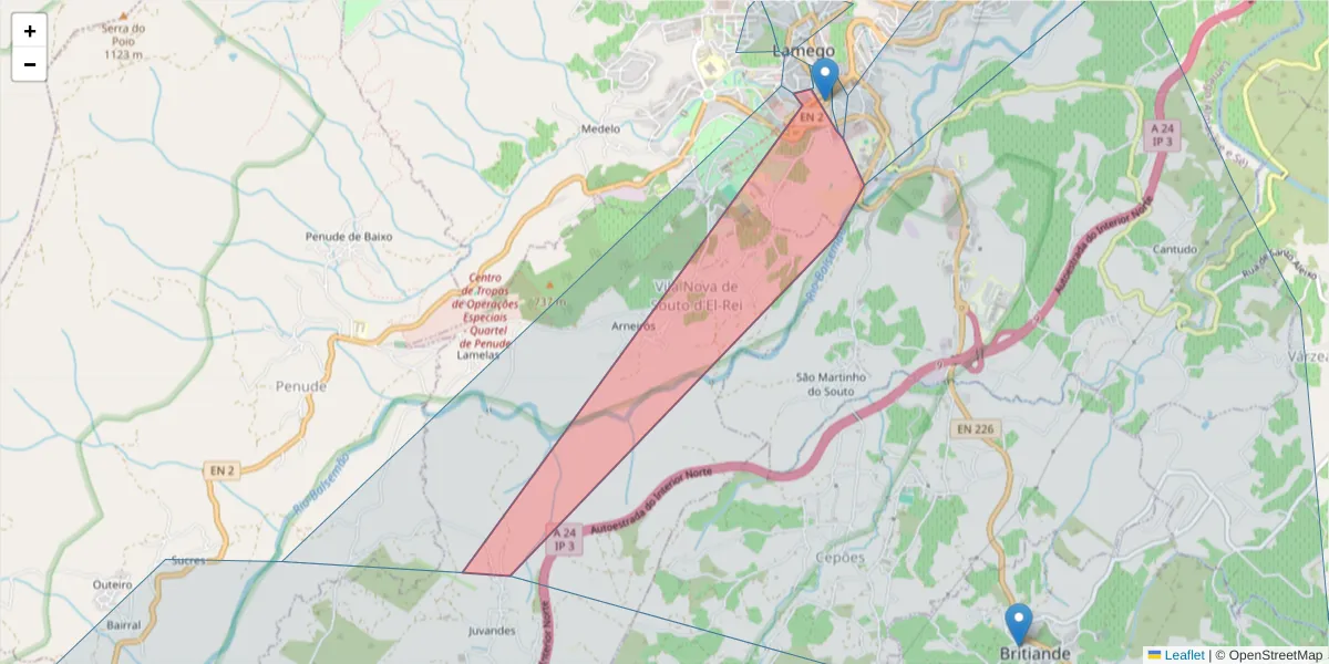 Mapa detalhado do código postal 5100-066 com limites, códigos postais vizinhos e agências dos correios