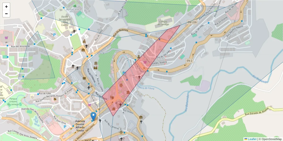 Mapa detalhado do código postal 5100-098 com limites, códigos postais vizinhos e agências dos correios