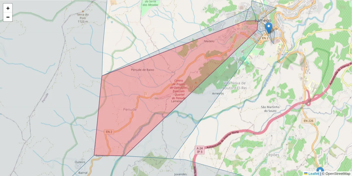 Mapa detalhado do código postal 5100-143 com limites, códigos postais vizinhos e agências dos correios