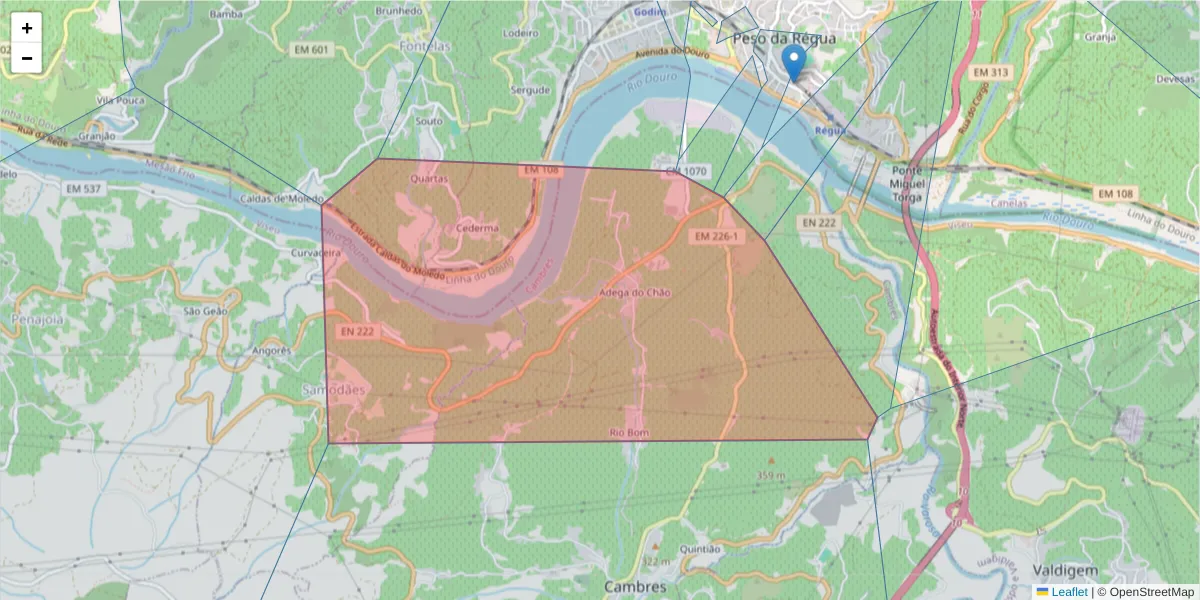 Mapa detalhado do código postal 5100-381 com limites, códigos postais vizinhos e agências dos correios