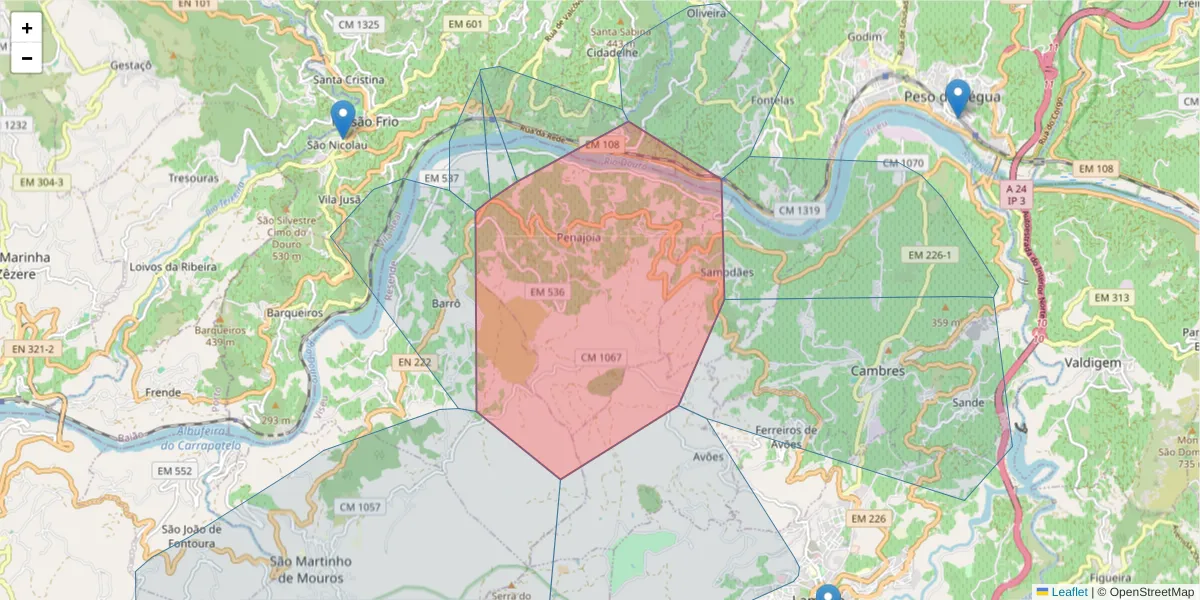 Mapa detalhado do código postal 5100-666 com limites, códigos postais vizinhos e agências dos correios