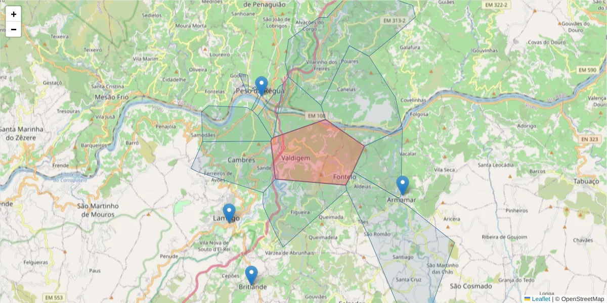 Mapa detalhado do código postal 5100-821 com limites, códigos postais vizinhos e agências dos correios