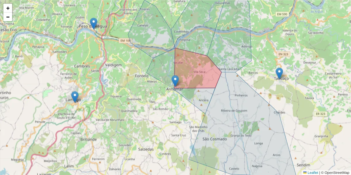 Mapa detalhado do código postal 5110-125 com limites, códigos postais vizinhos e agências dos correios