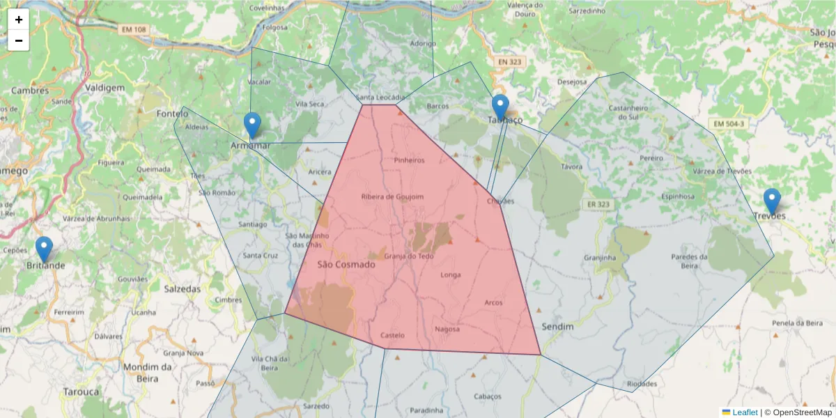 Mapa detalhado do código postal 5120-282 com limites, códigos postais vizinhos e agências dos correios