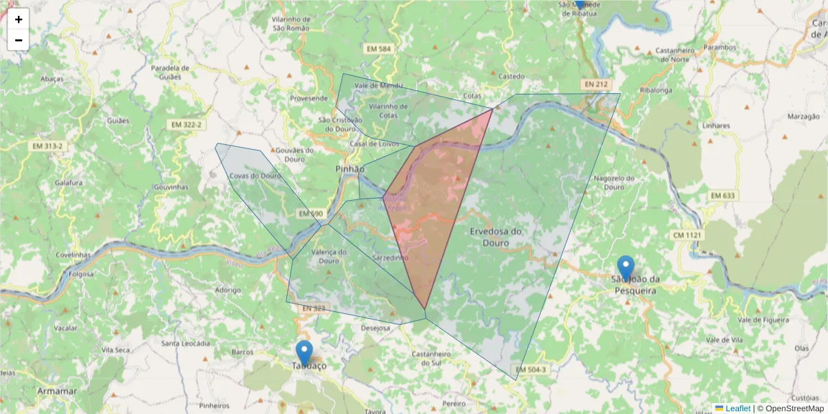 Mapa detalhado do código postal 5130-135 com limites, códigos postais vizinhos e agências dos correios