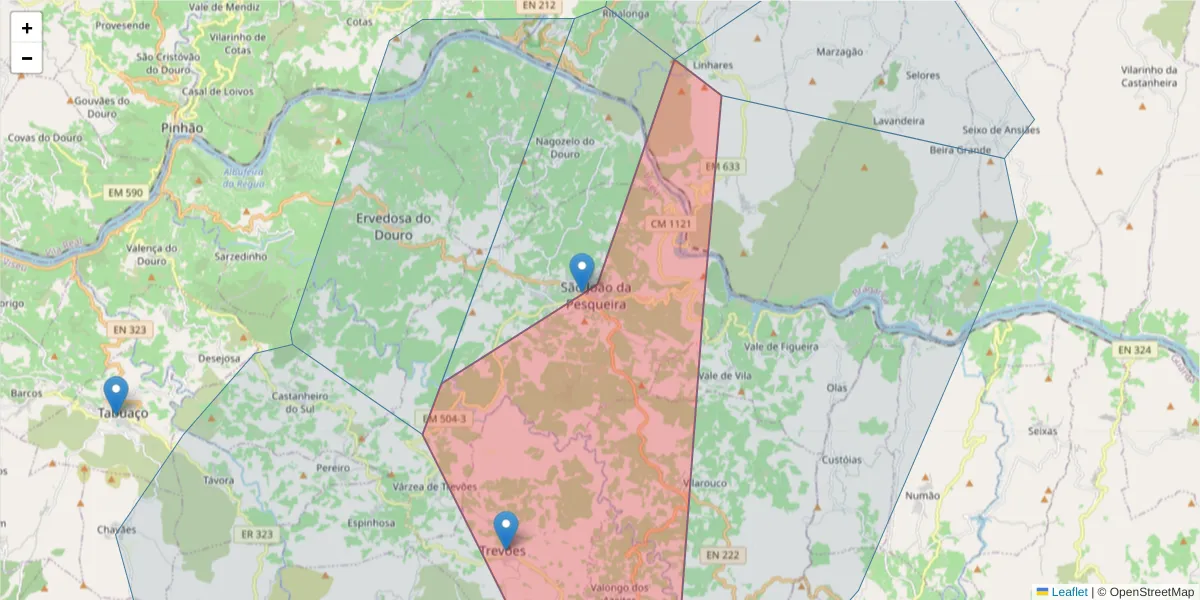 Mapa detalhado do código postal 5130-321 com limites, códigos postais vizinhos e agências dos correios