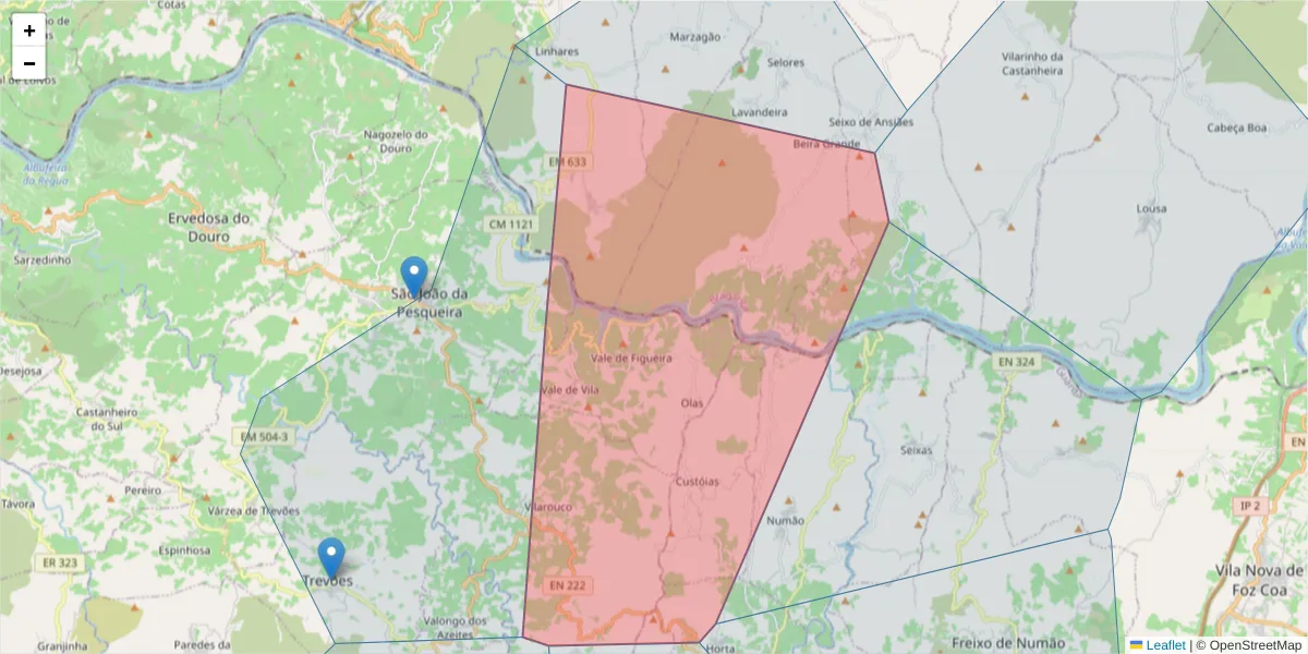 Mapa detalhado do código postal 5130-466 com limites, códigos postais vizinhos e agências dos correios