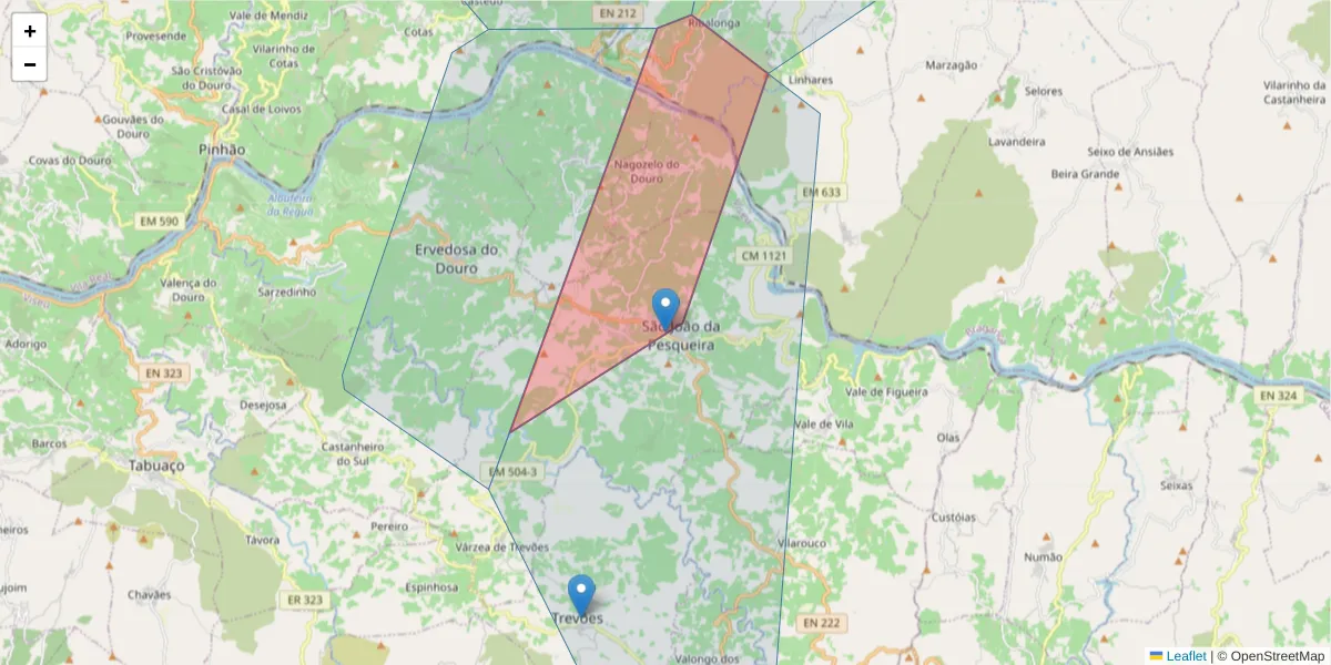 Mapa detalhado do código postal 5130-999 com limites, códigos postais vizinhos e agências dos correios
