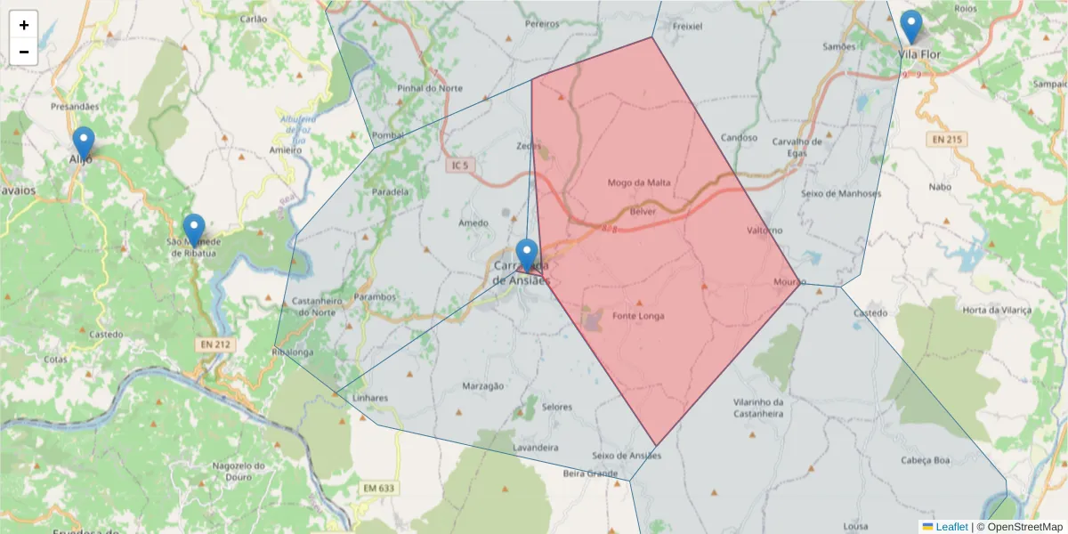Mapa detalhado do código postal 5140-080 com limites, códigos postais vizinhos e agências dos correios