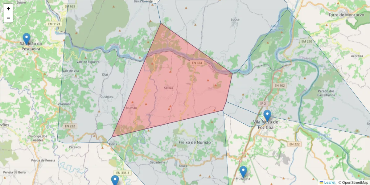Mapa detalhado do código postal 5155-509 com limites, códigos postais vizinhos e agências dos correios