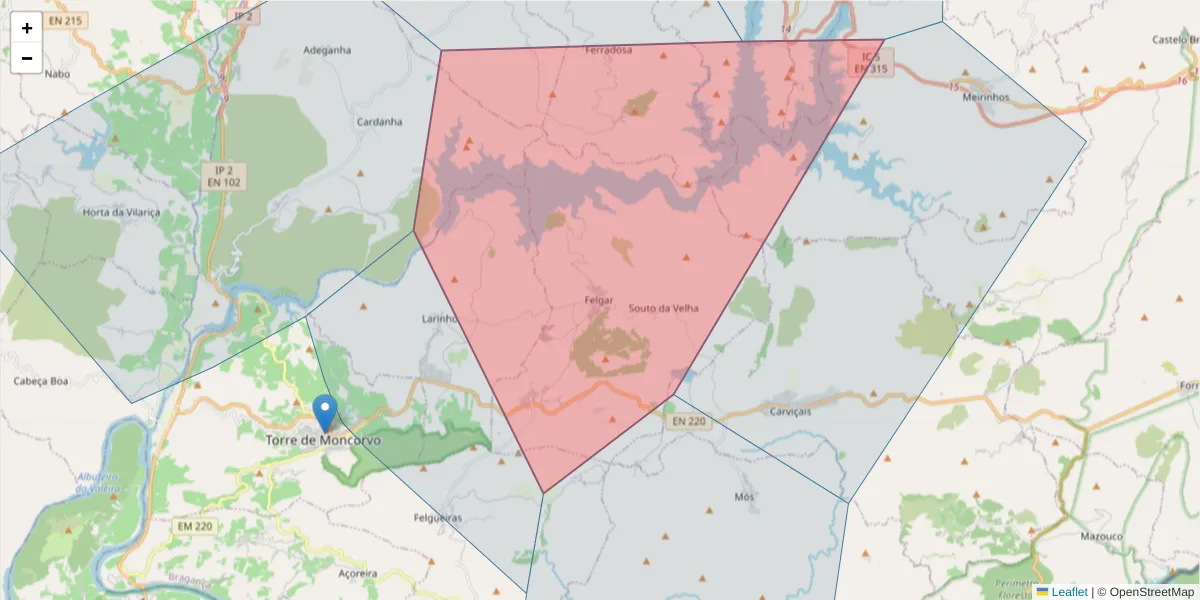 Mapa detalhado do código postal 5160-085 com limites, códigos postais vizinhos e agências dos correios