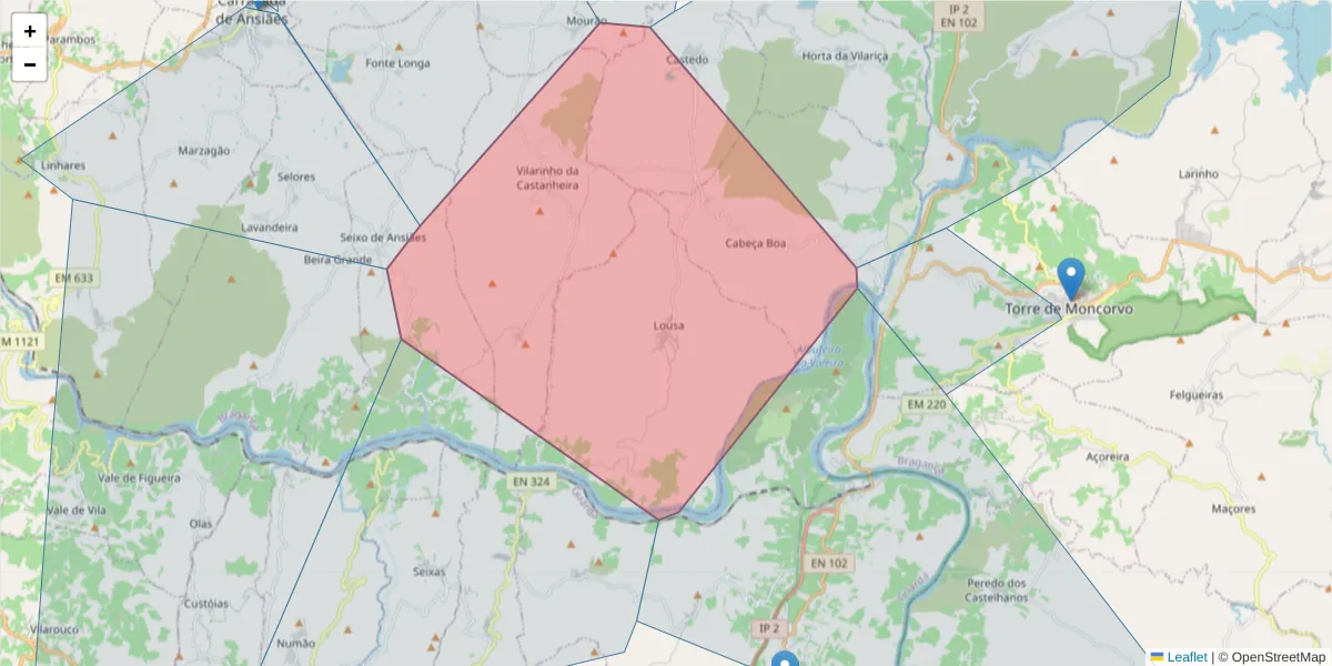 Mapa detalhado do código postal 5160-133 com limites, códigos postais vizinhos e agências dos correios