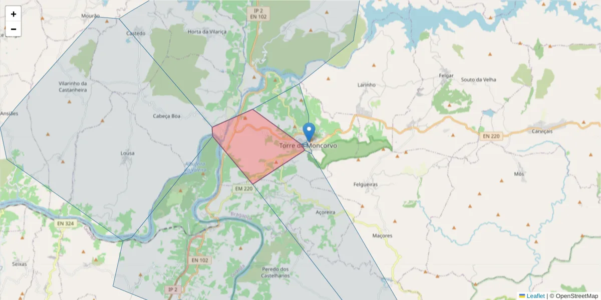 Mapa detalhado do código postal 5160-279 com limites, códigos postais vizinhos e agências dos correios