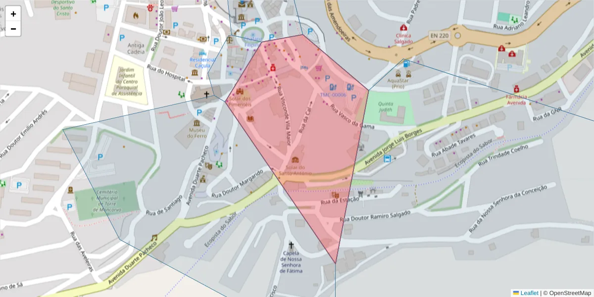 Mapa detalhado do código postal 5160-290 com limites, códigos postais vizinhos e agências dos correios
