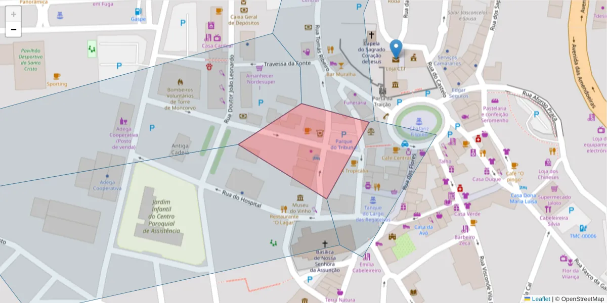 Mapa detalhado do código postal 5160-299 com limites, códigos postais vizinhos e agências dos correios
