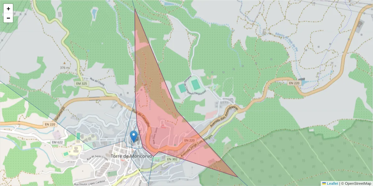 Mapa detalhado do código postal 5160-304 com limites, códigos postais vizinhos e agências dos correios