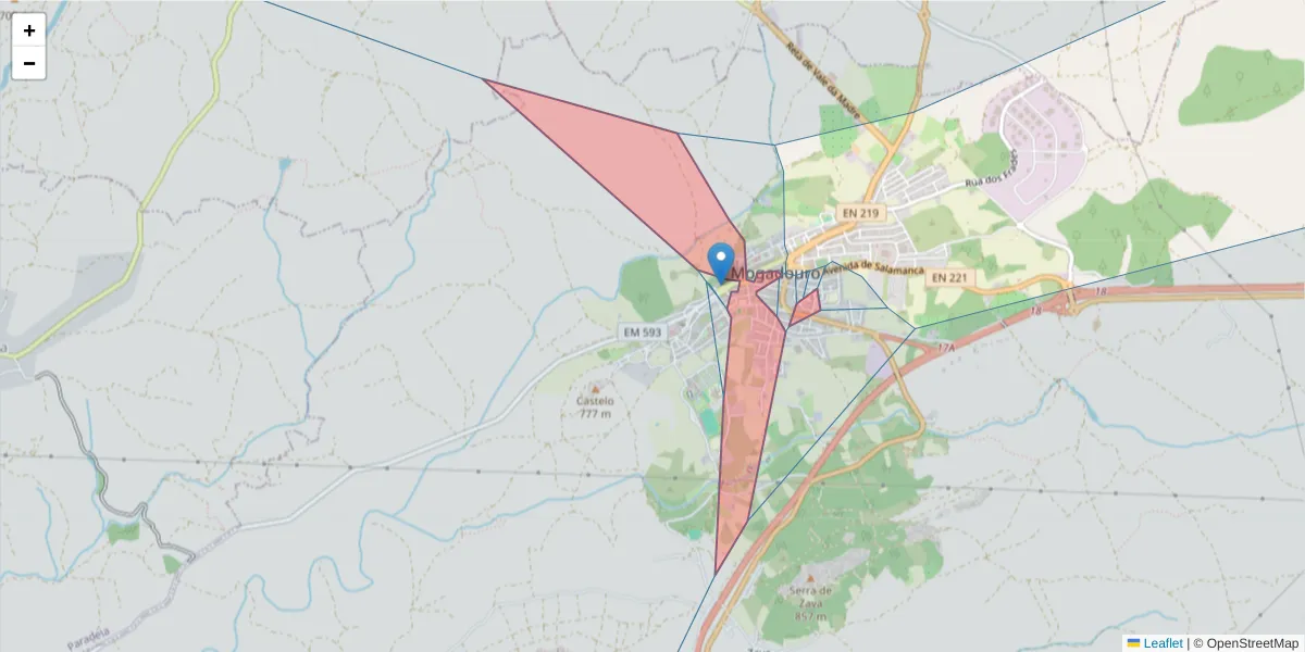 Mapa detalhado do código postal 5200-000 com limites, códigos postais vizinhos e agências dos correios
