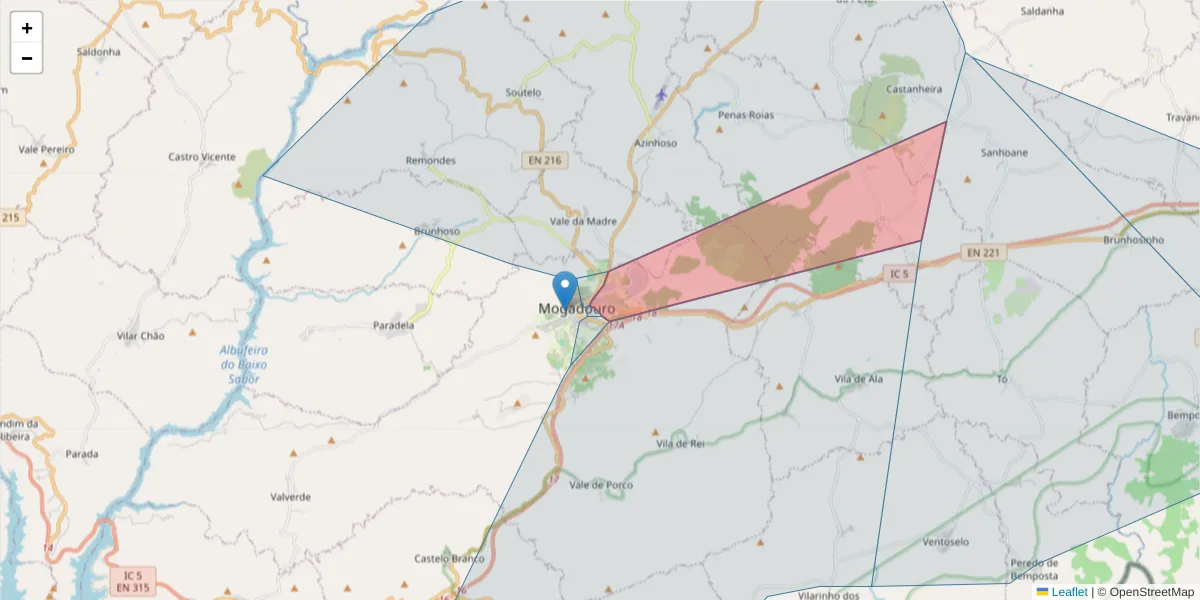 Mapa detalhado do código postal 5200-222 com limites, códigos postais vizinhos e agências dos correios