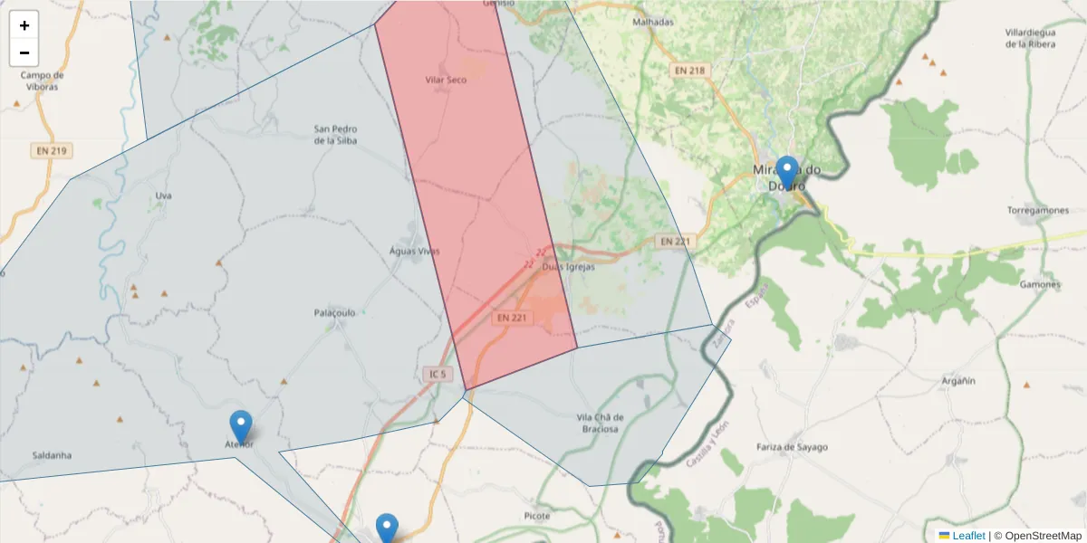Mapa detalhado do código postal 5210-065 com limites, códigos postais vizinhos e agências dos correios