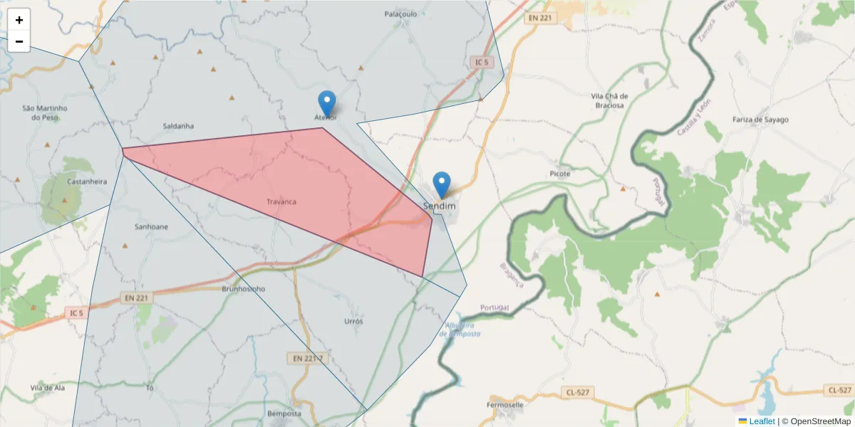 Mapa detalhado do código postal 5225-103 com limites, códigos postais vizinhos e agências dos correios