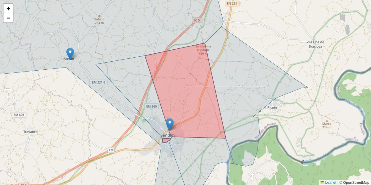 Mapa detalhado do código postal 5225-132 com limites, códigos postais vizinhos e agências dos correios