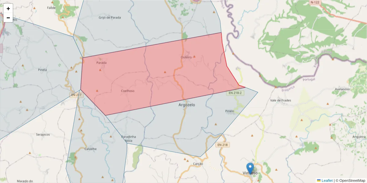 Mapa detalhado do código postal 5230-048 com limites, códigos postais vizinhos e agências dos correios