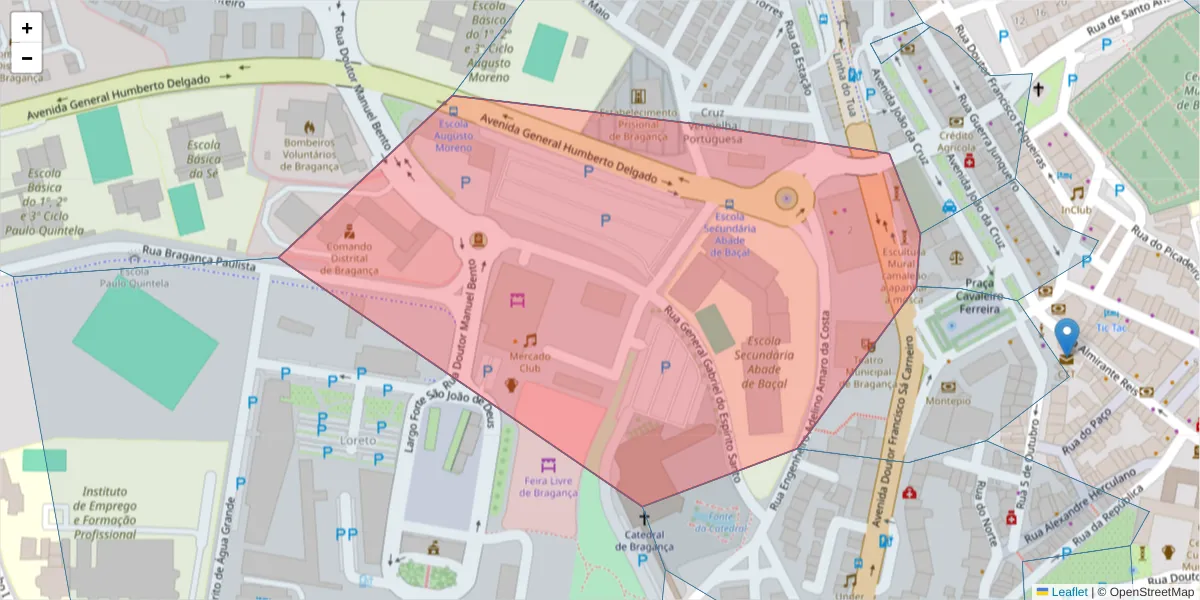 Mapa detalhado do código postal 5300-021 com limites, códigos postais vizinhos e agências dos correios