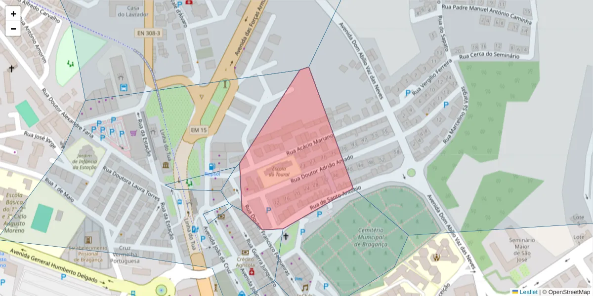 Mapa detalhado do código postal 5300-073 com limites, códigos postais vizinhos e agências dos correios