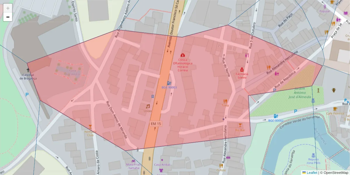 Mapa detalhado do código postal 5300-075 com limites, códigos postais vizinhos e agências dos correios
