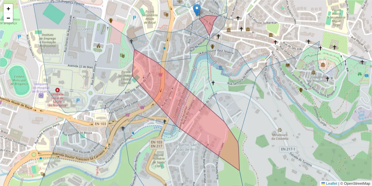 Mapa detalhado do código postal 5300-077 com limites, códigos postais vizinhos e agências dos correios
