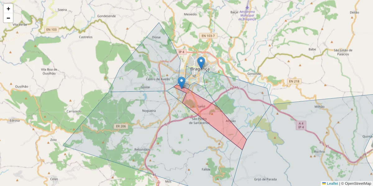 Mapa detalhado do código postal 5300-107 com limites, códigos postais vizinhos e agências dos correios