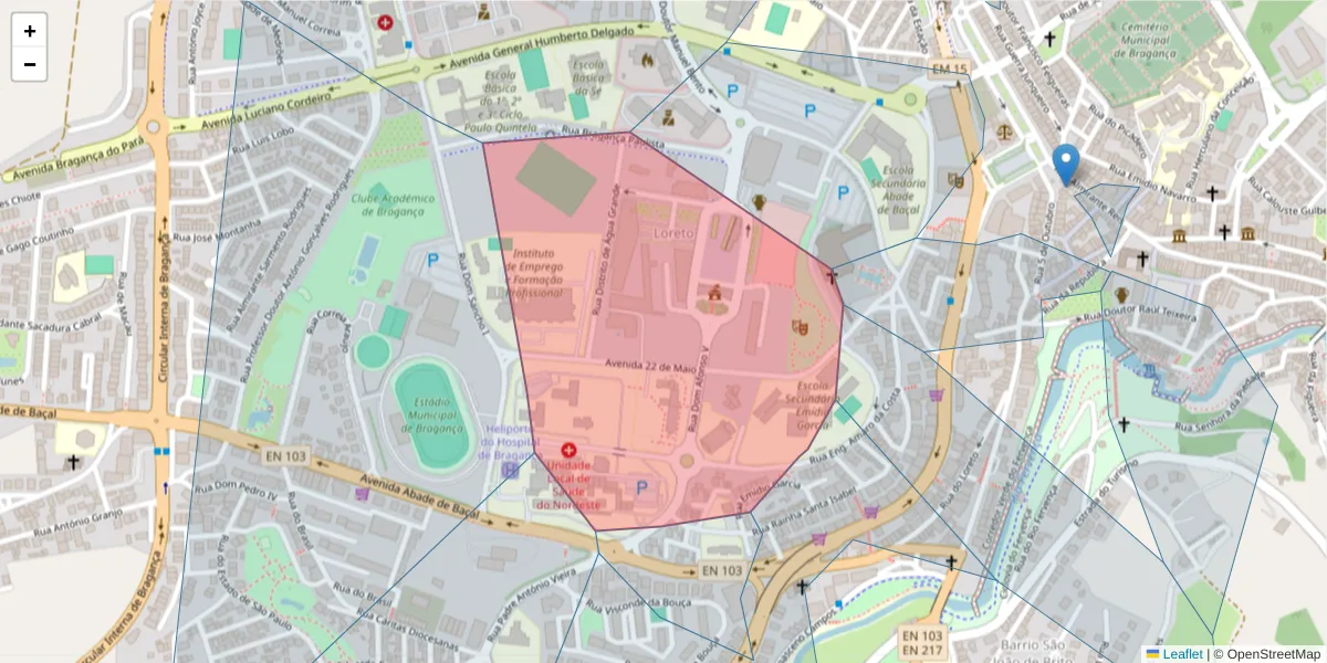 Mapa detalhado do código postal 5300-146 com limites, códigos postais vizinhos e agências dos correios