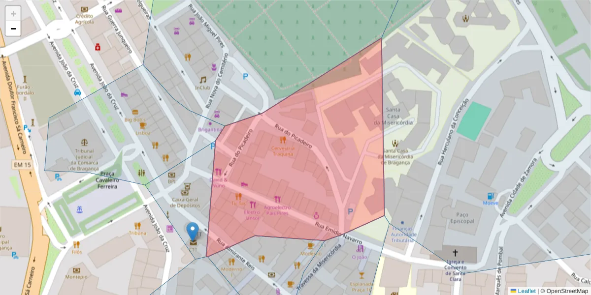 Mapa detalhado do código postal 5300-210 com limites, códigos postais vizinhos e agências dos correios
