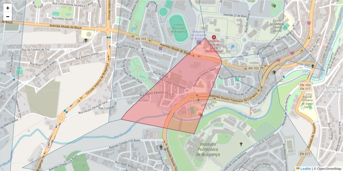 Mapa detalhado do código postal 5300-224 com limites, códigos postais vizinhos e agências dos correios
