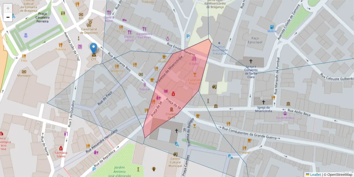 Mapa detalhado do código postal 5300-265 com limites, códigos postais vizinhos e agências dos correios