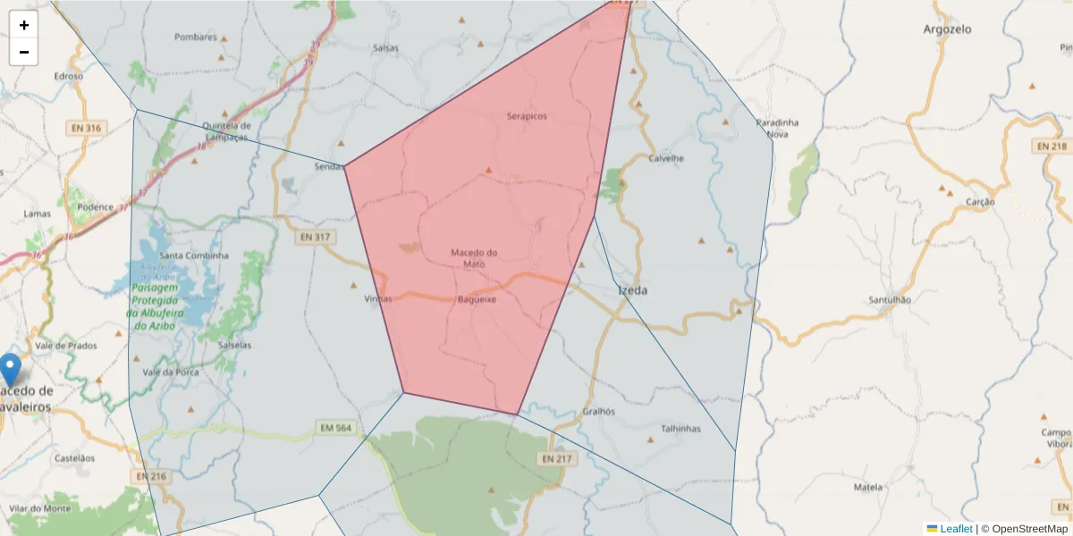 Mapa detalhado do código postal 5300-661 Frieira com limites, códigos postais vizinhos e agências dos correios