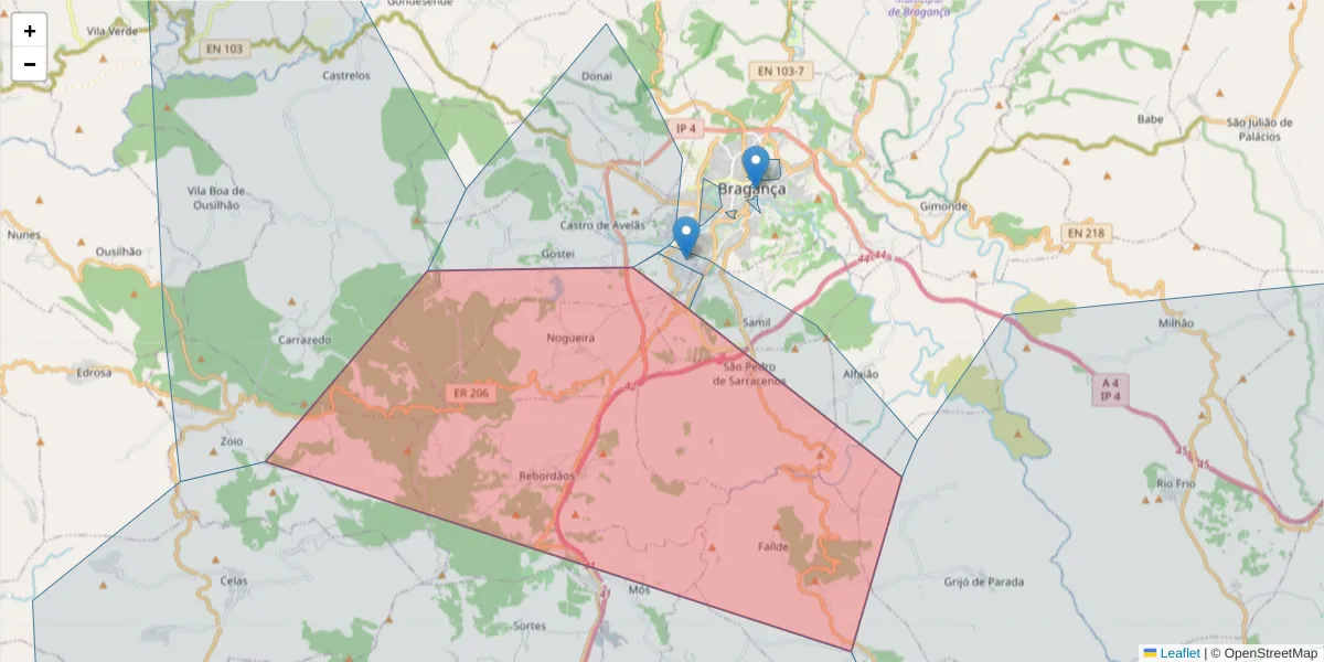 Mapa detalhado do código postal 5300-703 com limites, códigos postais vizinhos e agências dos correios