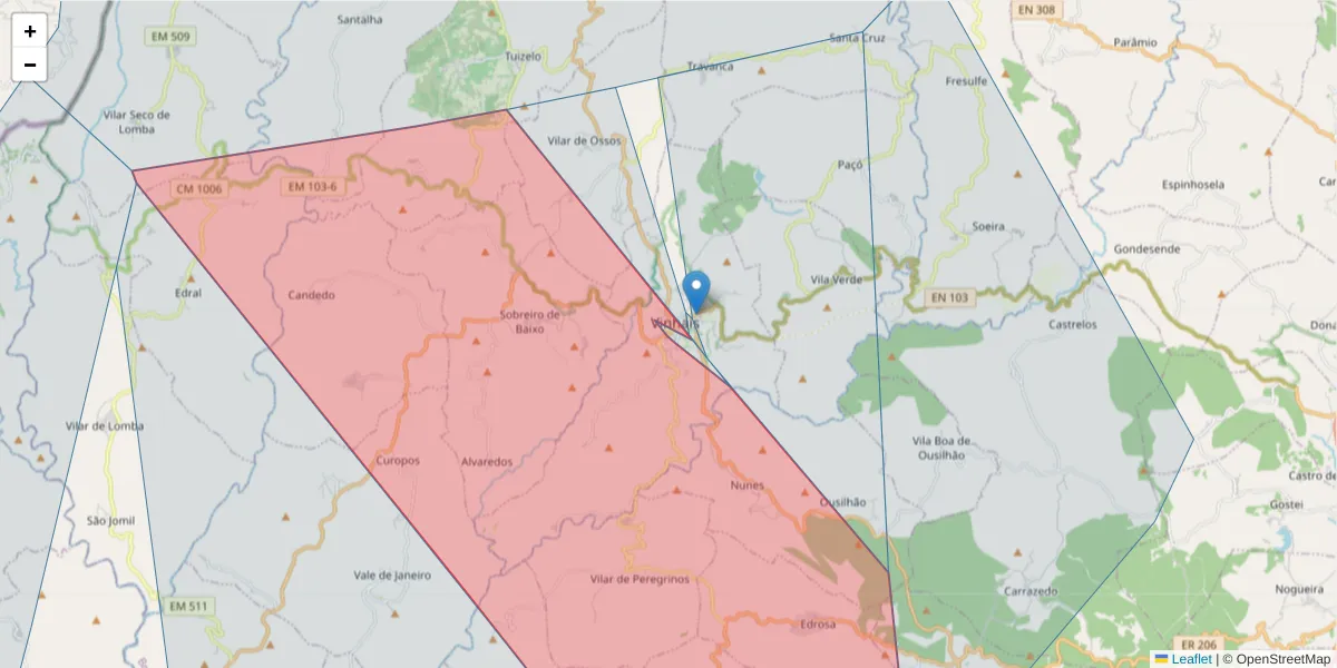 Mapa detalhado do código postal 5320-334 com limites, códigos postais vizinhos e agências dos correios