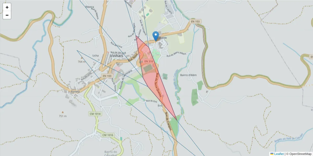 Mapa detalhado do código postal 5320-335 com limites, códigos postais vizinhos e agências dos correios