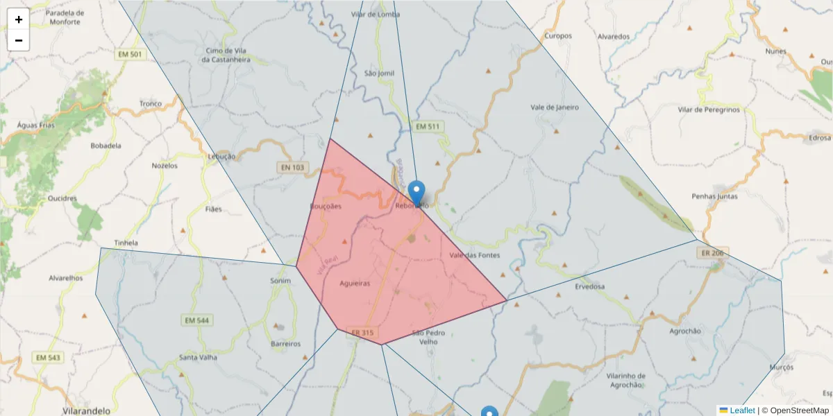 Mapa detalhado do código postal 5335-103 com limites, códigos postais vizinhos e agências dos correios